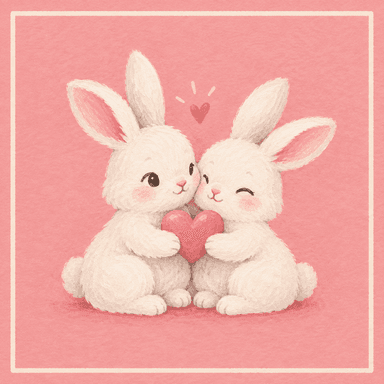 Two illustrated rabbits holding a heart